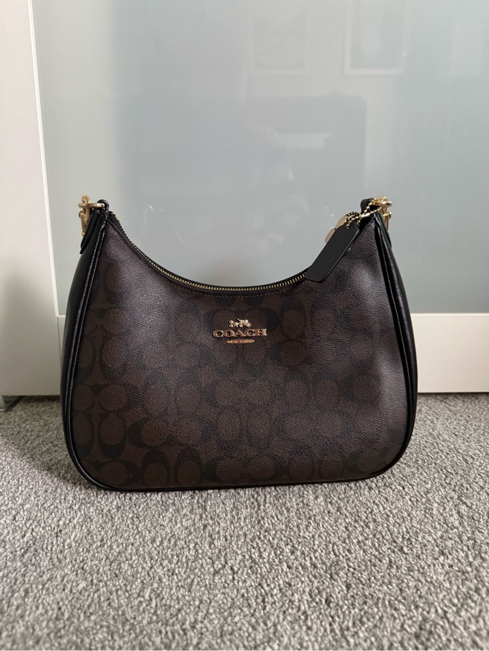 Coach Dark Brown Signature Crescent Shoulder Bag with Gold Hardware